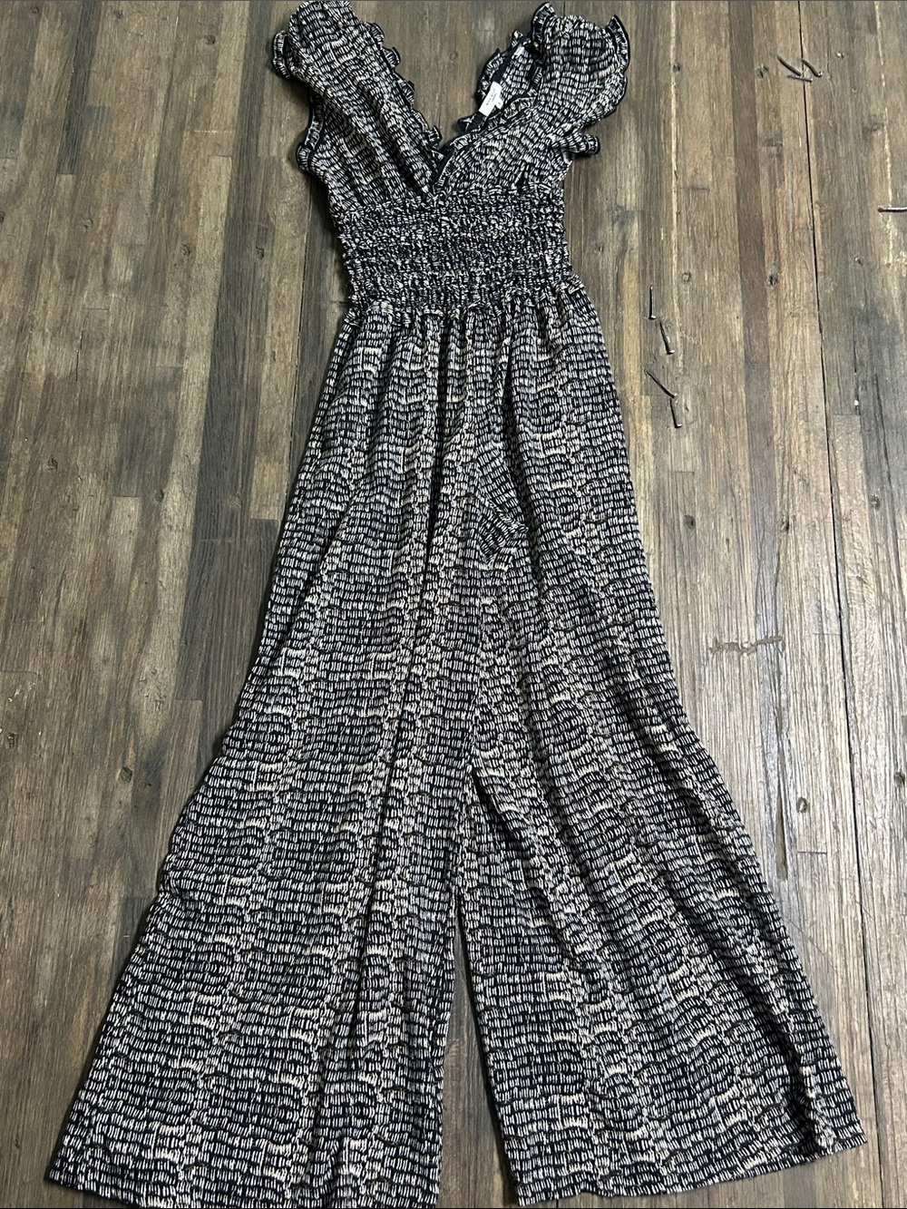 Max Studio Black & White Ruffled Smocked Wide-Leg Jumpsuit - Picture 2 of 4